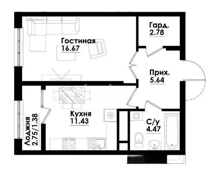Продажа 1-комнатной квартиры, 42.37 м² - Продажа квартир в Алматы фото 1 из 1