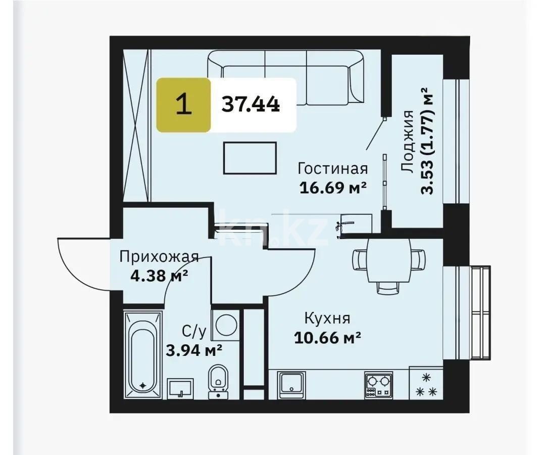 Продажа 1-комнатной квартиры, 37.44 м² - Продажа однокомнатных квартир от собственников в Алматы фото 1 из 1