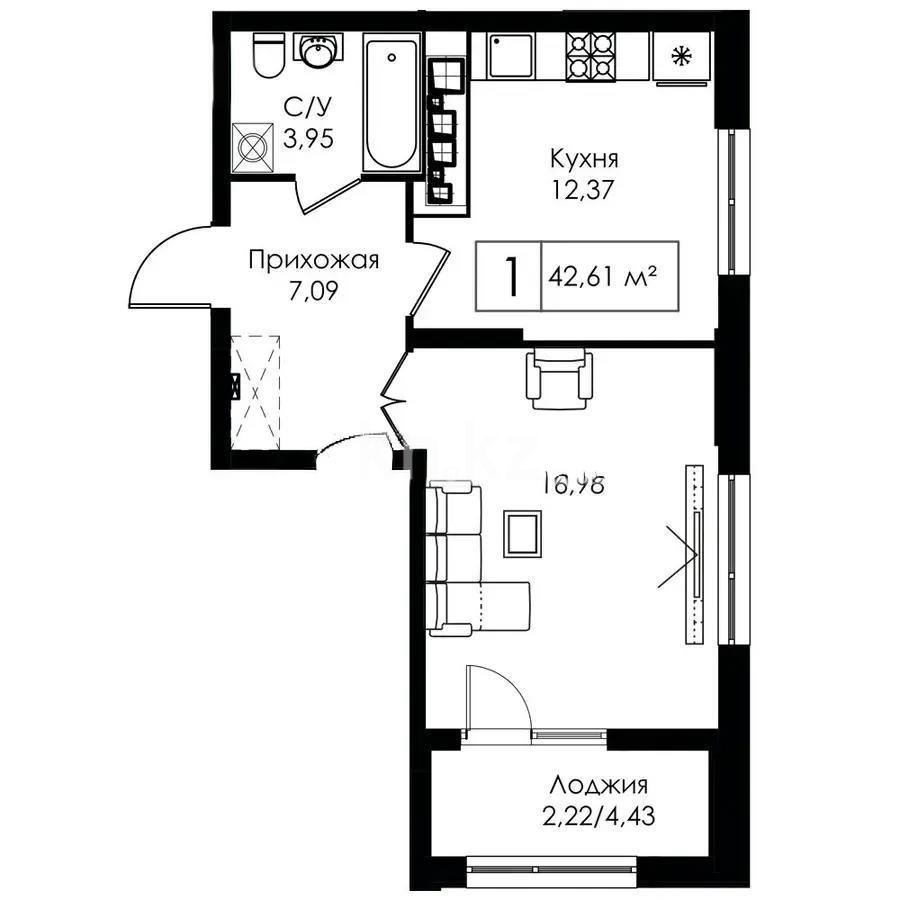 Продажа 1-комнатной квартиры, 43 м² - Продажа однокомнатных квартир от собственников в Астане фото 1 из 1