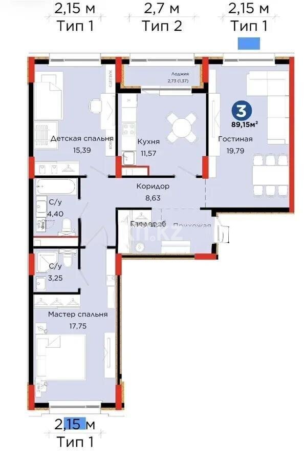 Продажа 3-комнатной квартиры, 89.15 м² в Астане