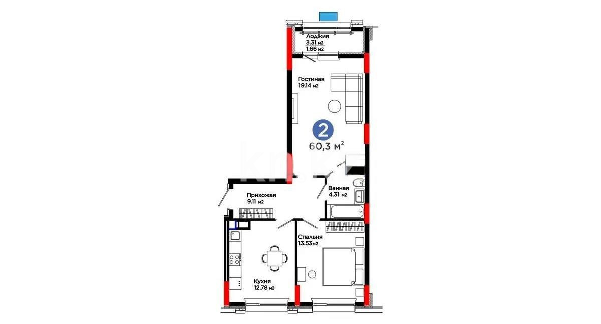 Продажа 2-комнатной квартиры, 60.3 м² в Астане