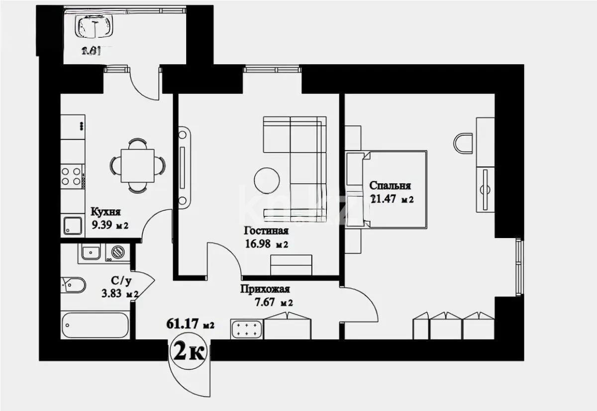Продажа 2-комнатной квартиры, 61.17 м² в Астане