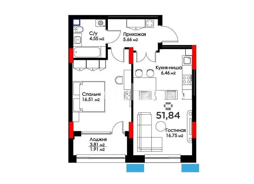 Продажа 2-комнатной квартиры, 51.84 м² в Астане
