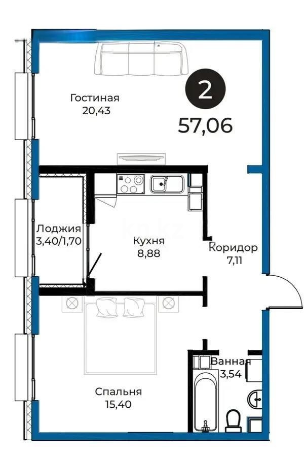 Продажа 2-комнатной квартиры, 57.6 м² - Продажа двухкомнатных квартир в р-не Нура Астаны - страница 2 фото 1 из 2