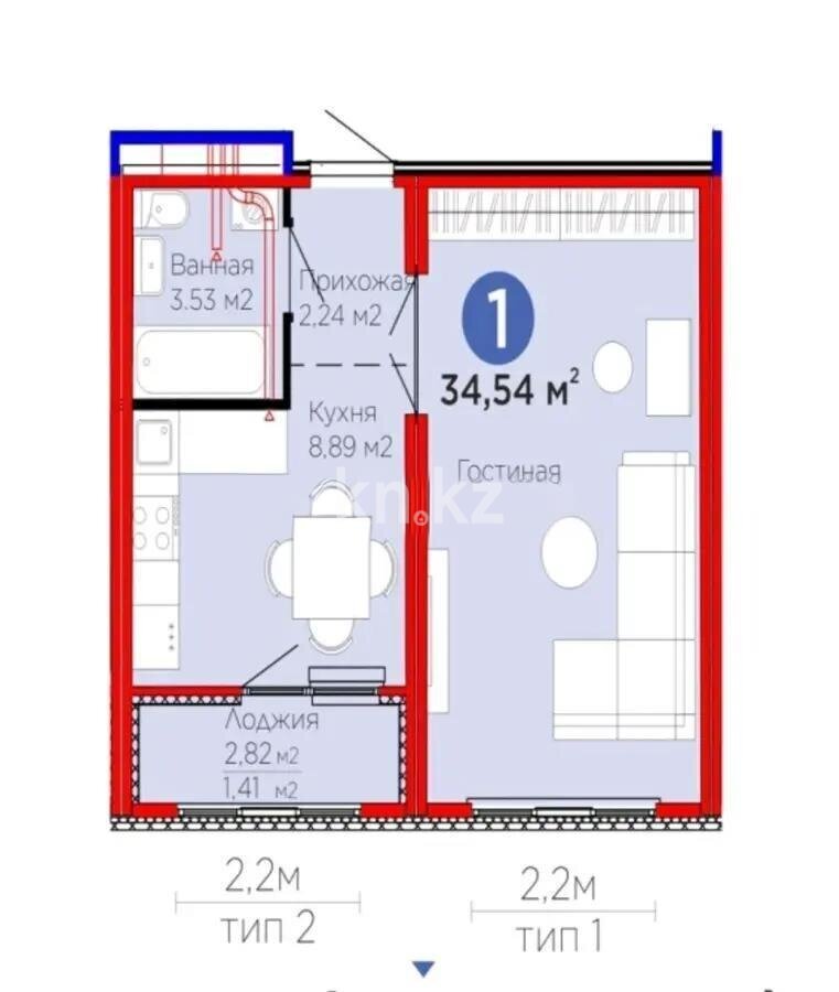 Продажа 1-комнатной квартиры, 34.54 м² в Астане