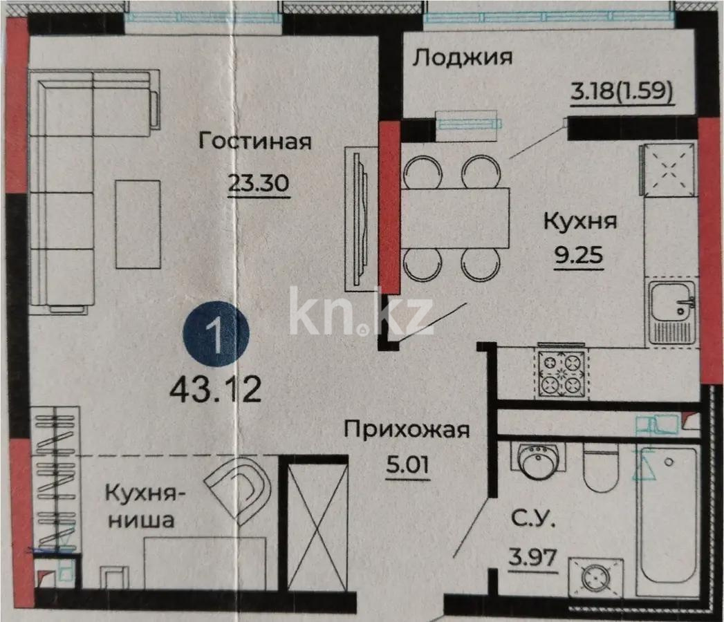 Продажа 1-комнатной квартиры, 43.12 м², ул. Е-429, дом  14 в Астане