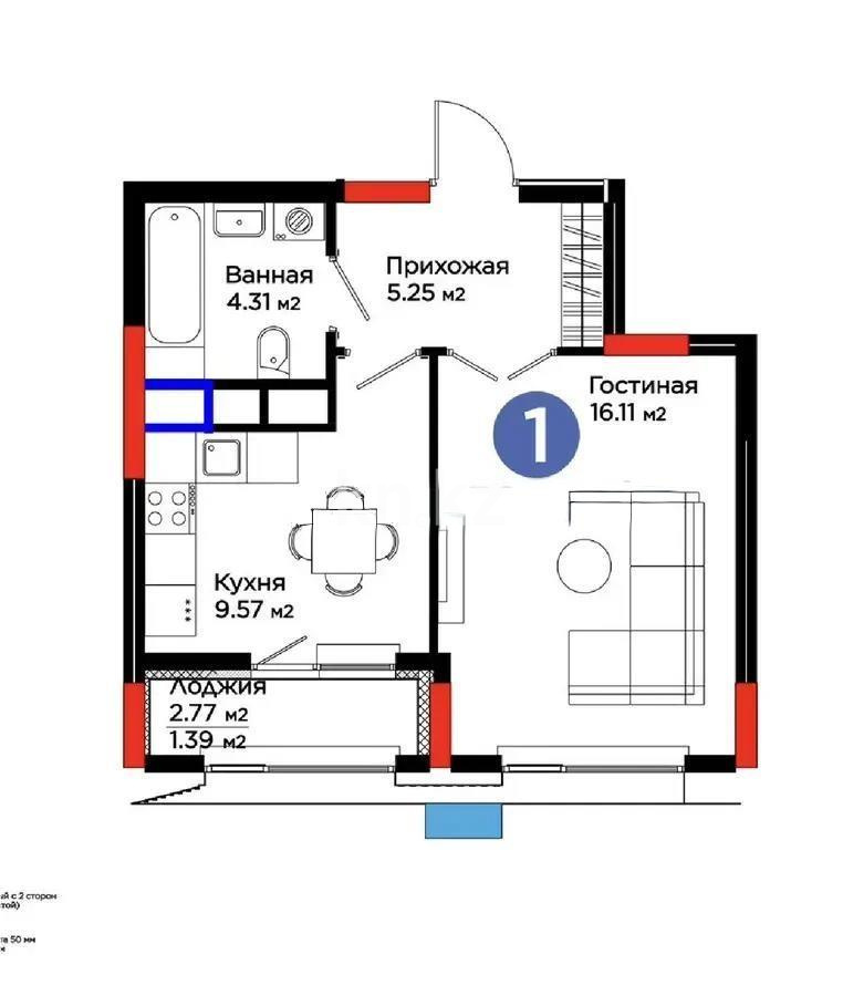 Продажа 1-комнатной квартиры, 36.63 м² в Астане
