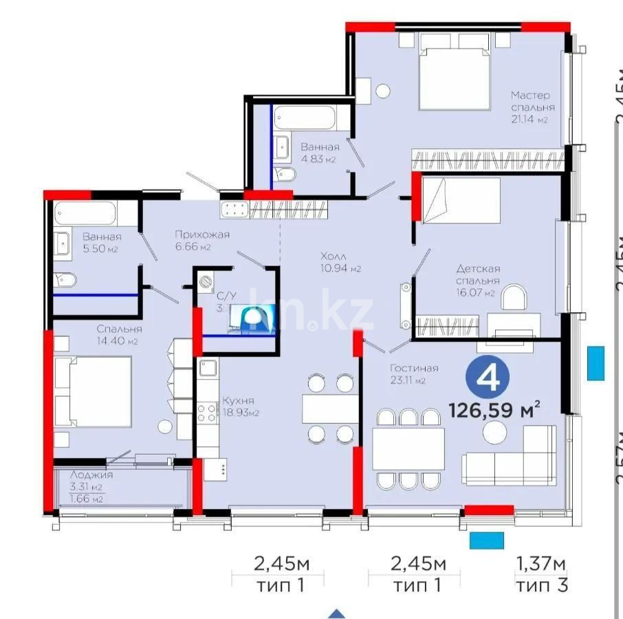 Продажа 4-комнатной квартиры, 126.59 м², пр. Аль-Фараби, дом  3 в Астане