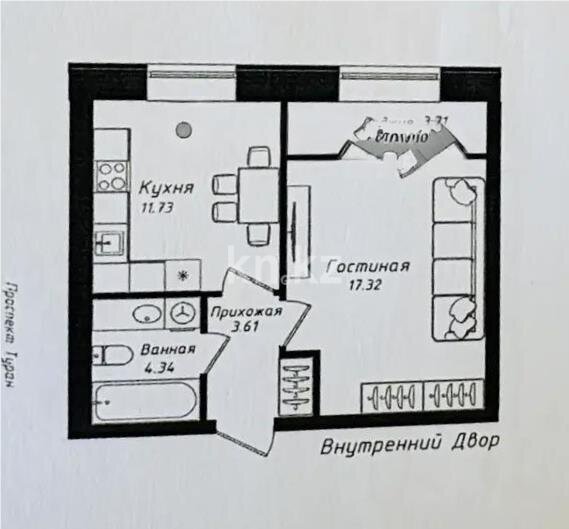 Продажа 1-комнатной квартиры, 38.86 м² в Астане