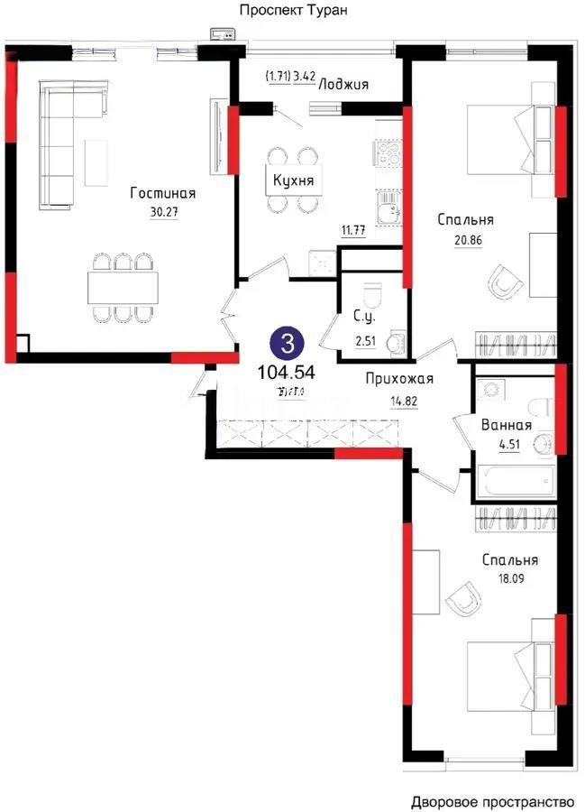 Продажа 3-комнатной квартиры, 105 м², пр. Туран, дом  52/2 - Продажа  трехкомнатных квартир в новостройках Астаны фото 1 из 3