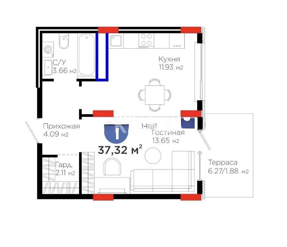 Продажа 1-комнатной квартиры, 37.32 м² в Астане