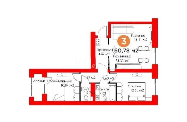 Продажа 3-комнатной квартиры, 61 м², ул. Баглановой, дом  55/6 - Продажа квартир в новостройках Астаны фото 1 из 1