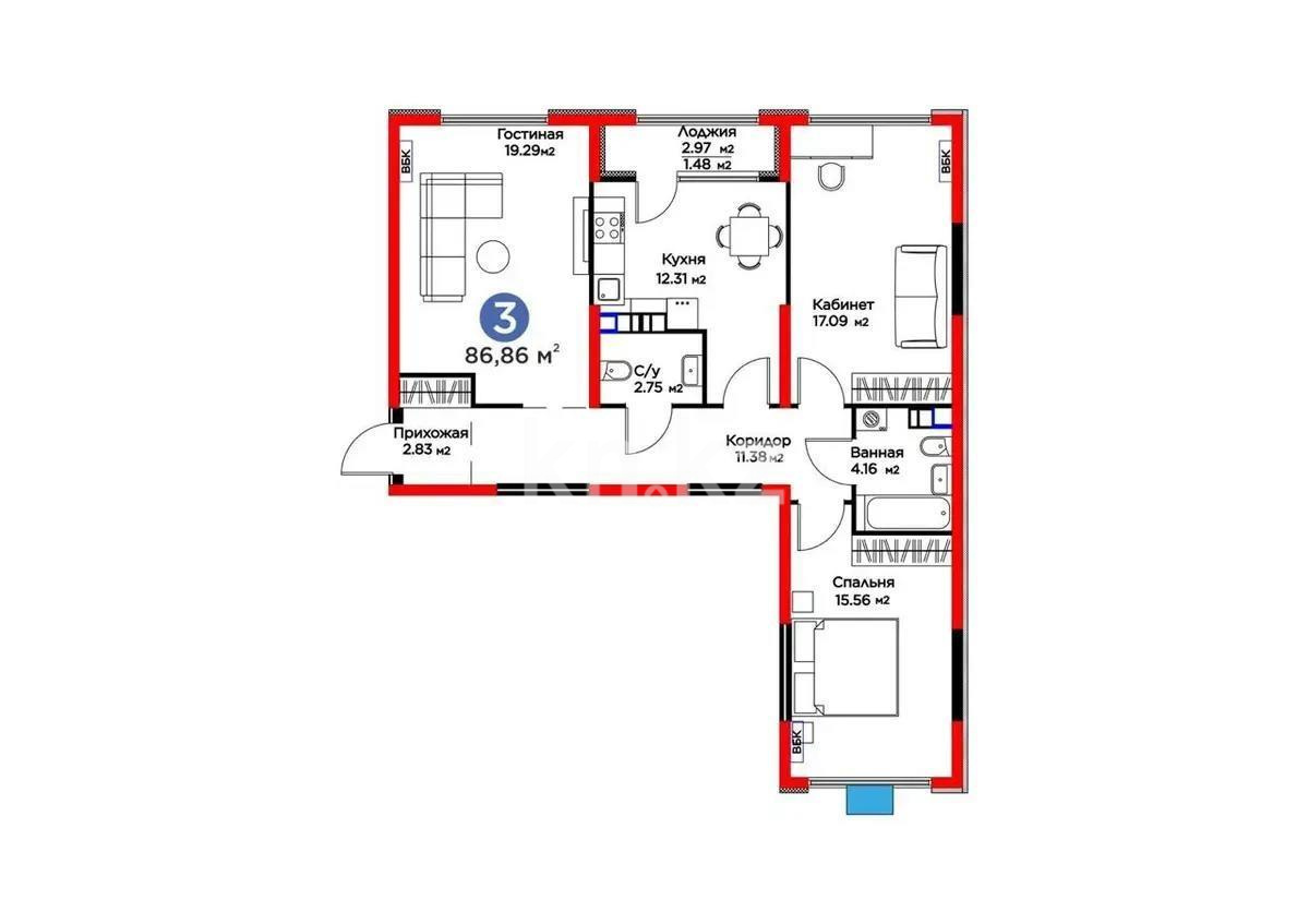 Продажа 3-комнатной квартиры, 87.1 м² в Алматы - фото 3
