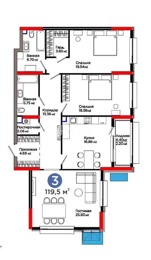 Продажа 3-комнатной квартиры, 120 м², ул. Рыскулова, дом  3 - Продажа  трехкомнатных квартир в Астане без посредников с фото фото 1 из 1