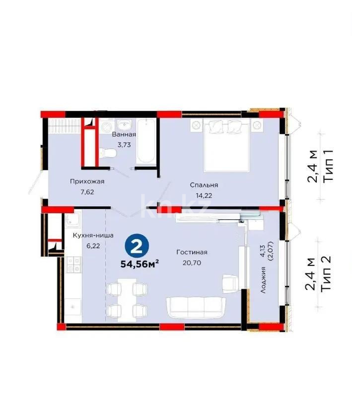 Продажа 2-комнатной квартиры, 54.56 м², ул. Бухар жырау, дом  20 в Астане