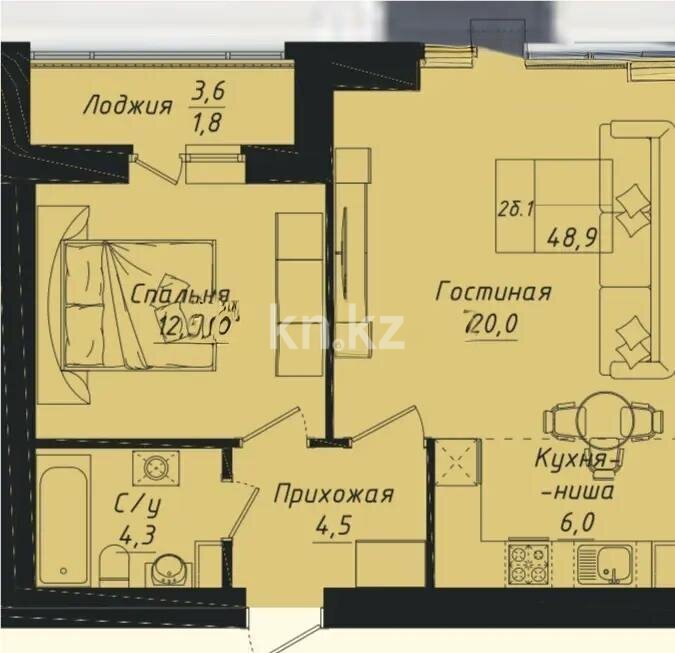 Продажа 2-комнатной квартиры, 48.9 м² в Астане