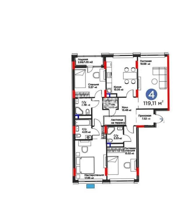 Продажа 4-комнатной квартиры, 119.11 м² в Астане
