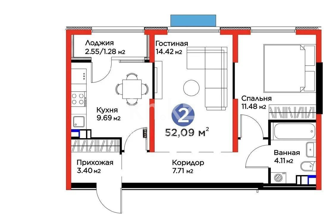 Продажа 2-комнатной квартиры, 52.1 м² в Алматы