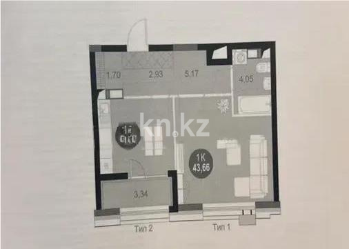 Продажа 1-комнатной квартиры, 43.66 м² в Астане