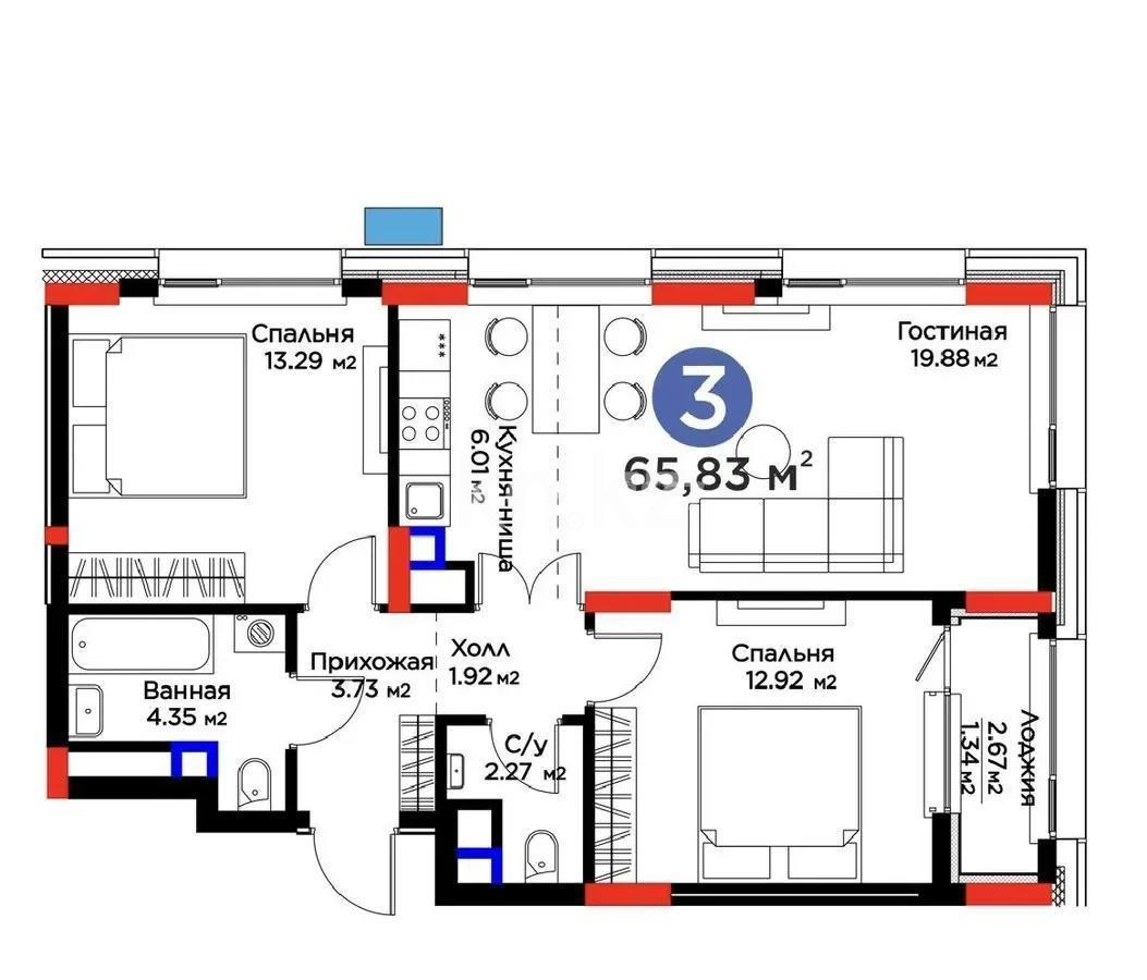 Продажа 3-комнатной квартиры, 65.83 м² - Недвижимость в Астане фото 3 из 3