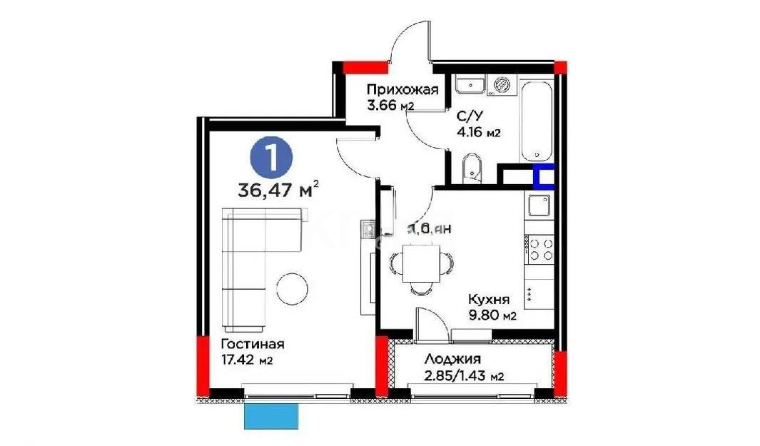 Продажа 1-комнатной квартиры, 36.47 м² в Астане