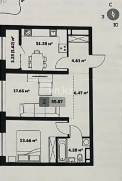 Продажа 2-комнатной квартиры, 59.67 м² в Алматы