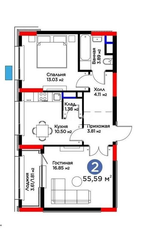 Продажа 2-комнатной квартиры, 55.56 м² в Астане