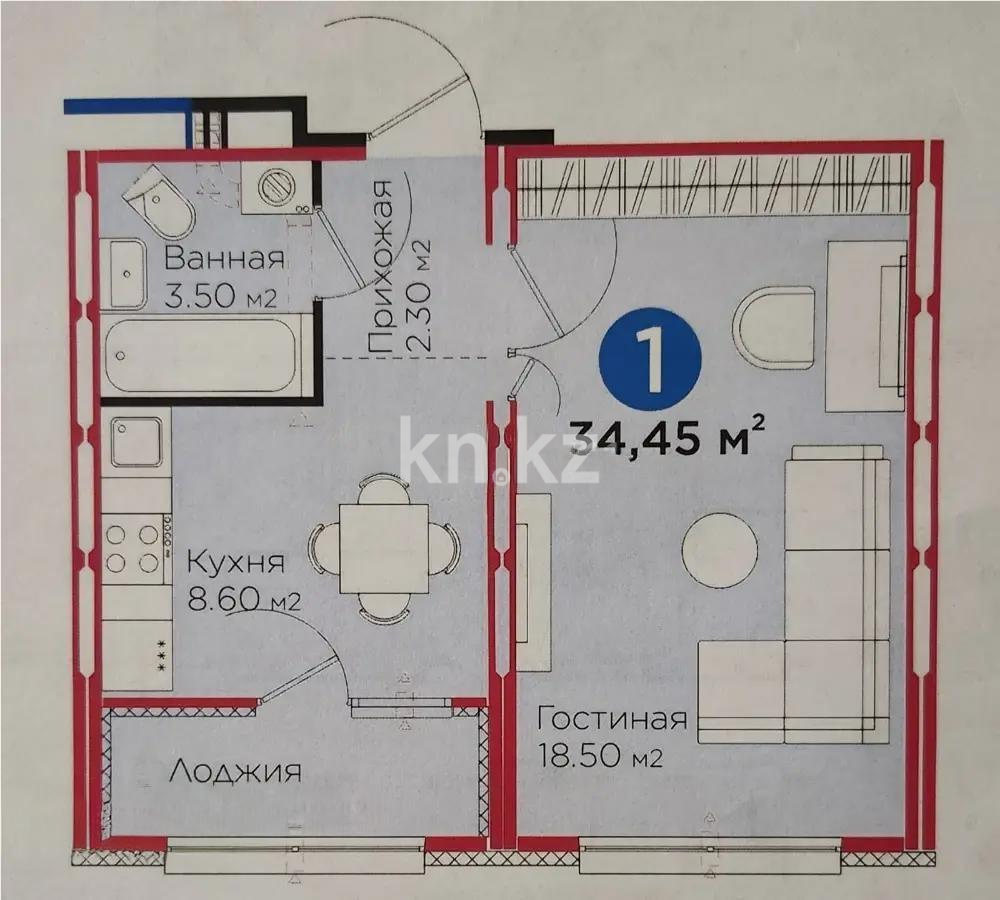 Продажа 1-комнатной квартиры, 34.45 м², ул. Е-103, дом  5 в Астане