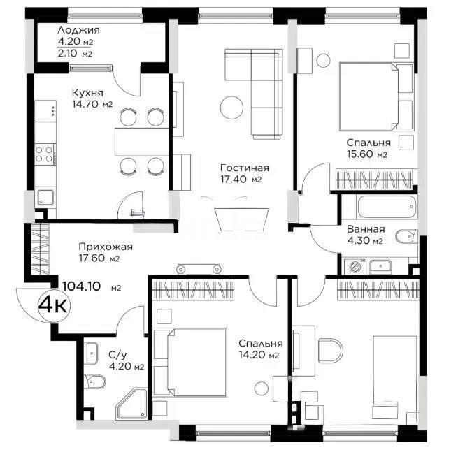 Продажа 4-комнатной квартиры, 104.1 м² - Продажа четырехкомнатных квартир в блочном доме в Астане фото 1 из 1