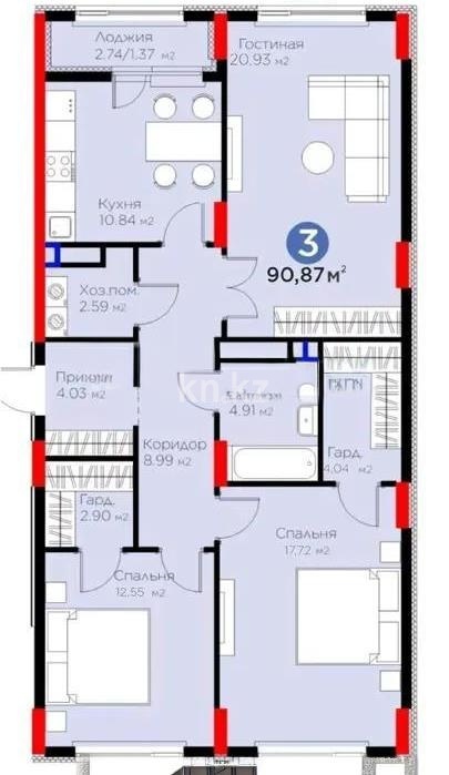 Продажа 3-комнатной квартиры, 91 м² в Астане