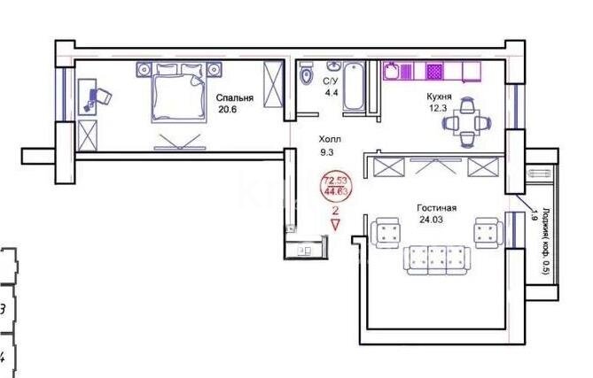 Продажа 2-комнатной квартиры, 72.53 м² в Астане