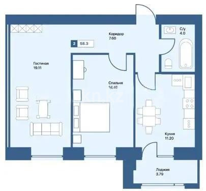 Продажа 2-комнатной квартиры, 58.1 м², Астана-Караганда тр., дом  4/3 - Продажа  двухкомнатных квартир в Астане фото 1 из 1