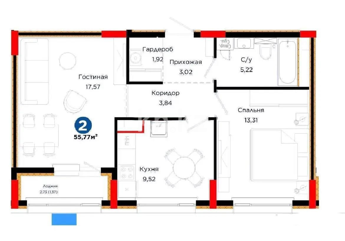 Продажа 2-комнатной квартиры, 55.77 м² в Астане