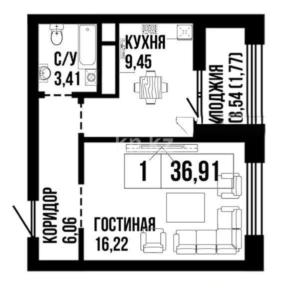 Продажа 1-комнатной квартиры, 36.91 м², ул. Байтурсынова, дом  47 в Астане