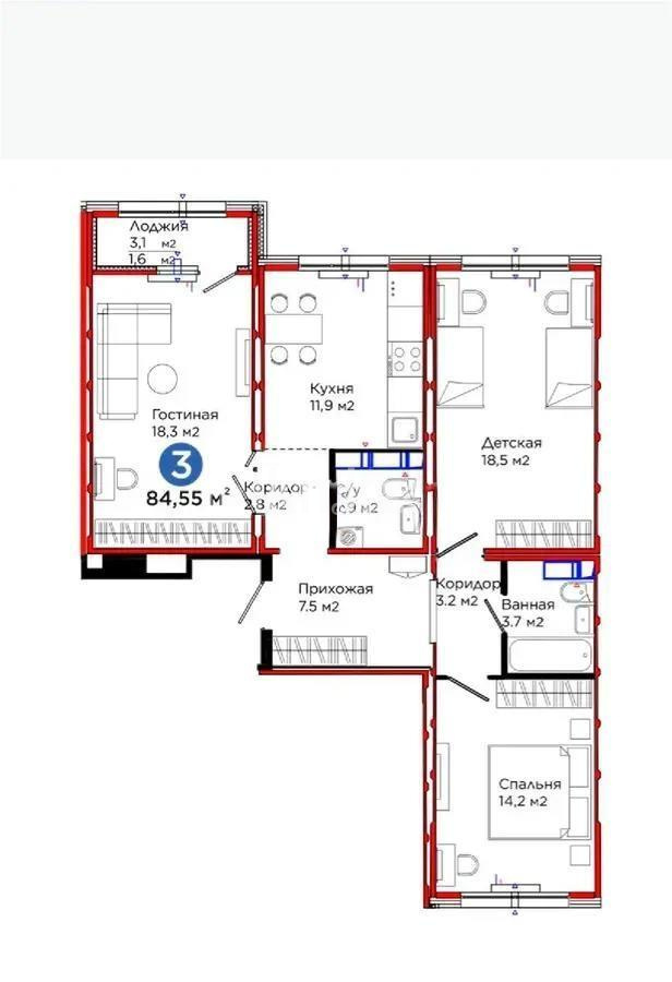 Продажа 3-комнатной квартиры, 84.55 м², ул. Е-103, дом  5а в Астане