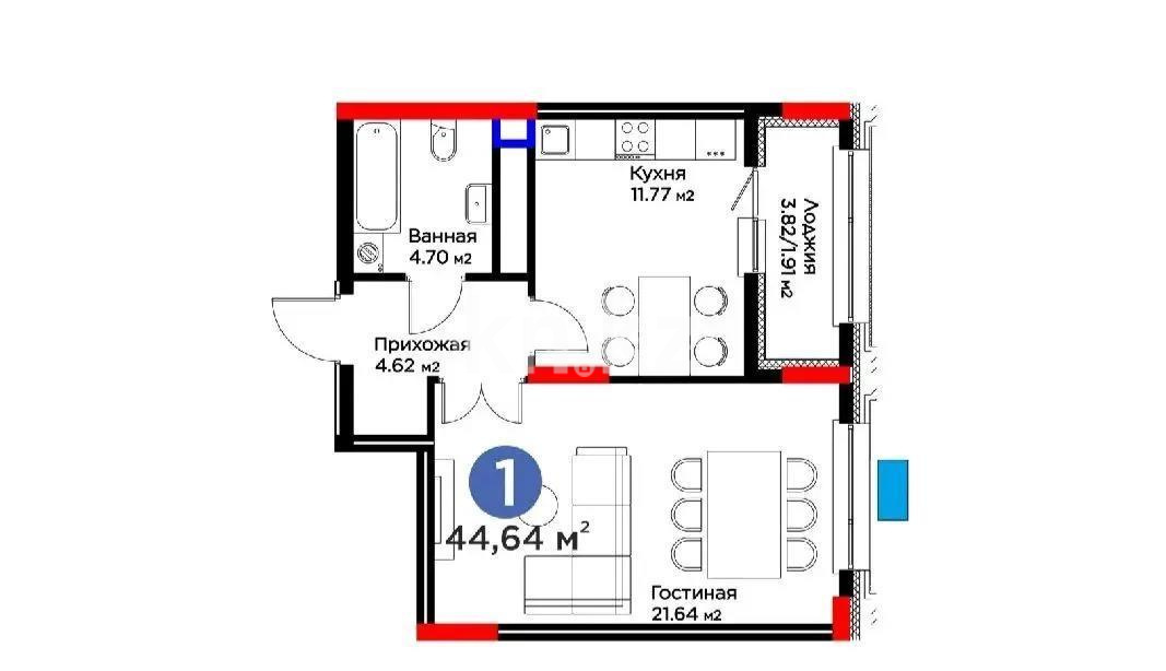 Продажа 1-комнатной квартиры, 44.64 м² - Продажа однокомнатных квартир в блочном доме в Казахстане фото 1 из 1