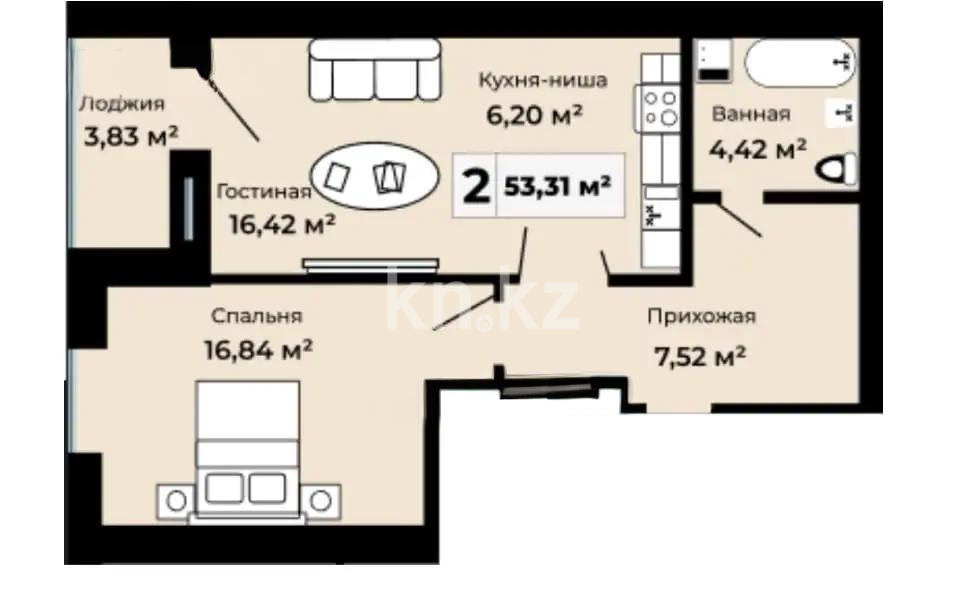 Продажа 2-комнатной квартиры, 53.31 м² - Продажа квартир в новостройках Астаны фото 1 из 1