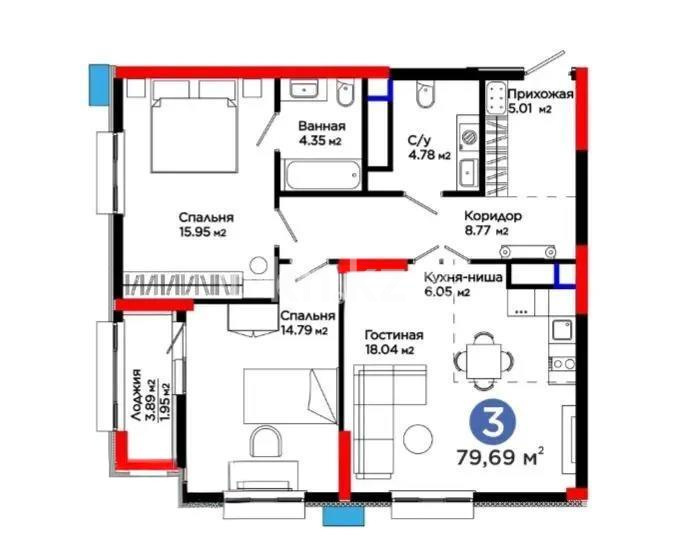 Продажа 3-комнатной квартиры, 80 м², ул. Рыскулова, дом  1/1 - Продажа квартир в Казахстане фото 1 из 1