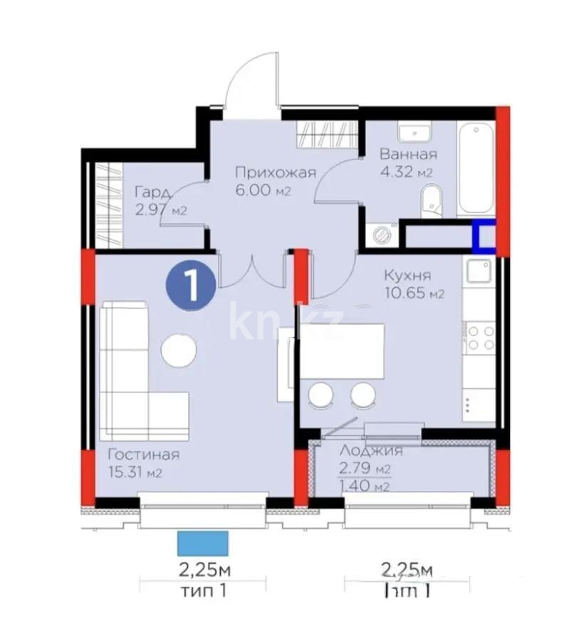Продажа 1-комнатной квартиры, 40.6 м², пр. Туран, дом  57/6 - Продажа квартир в Казахстане фото 1 из 1