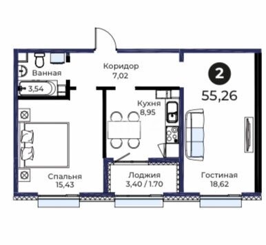 Продажа 2-комнатной квартиры, 55.26 м² в Астане