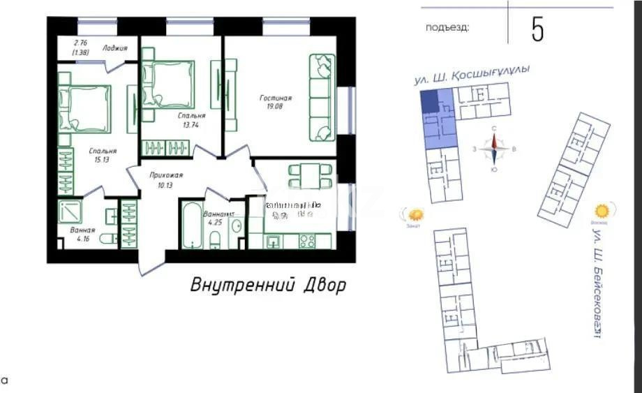 Продажа 3-комнатной квартиры, 78.78 м² в Астане