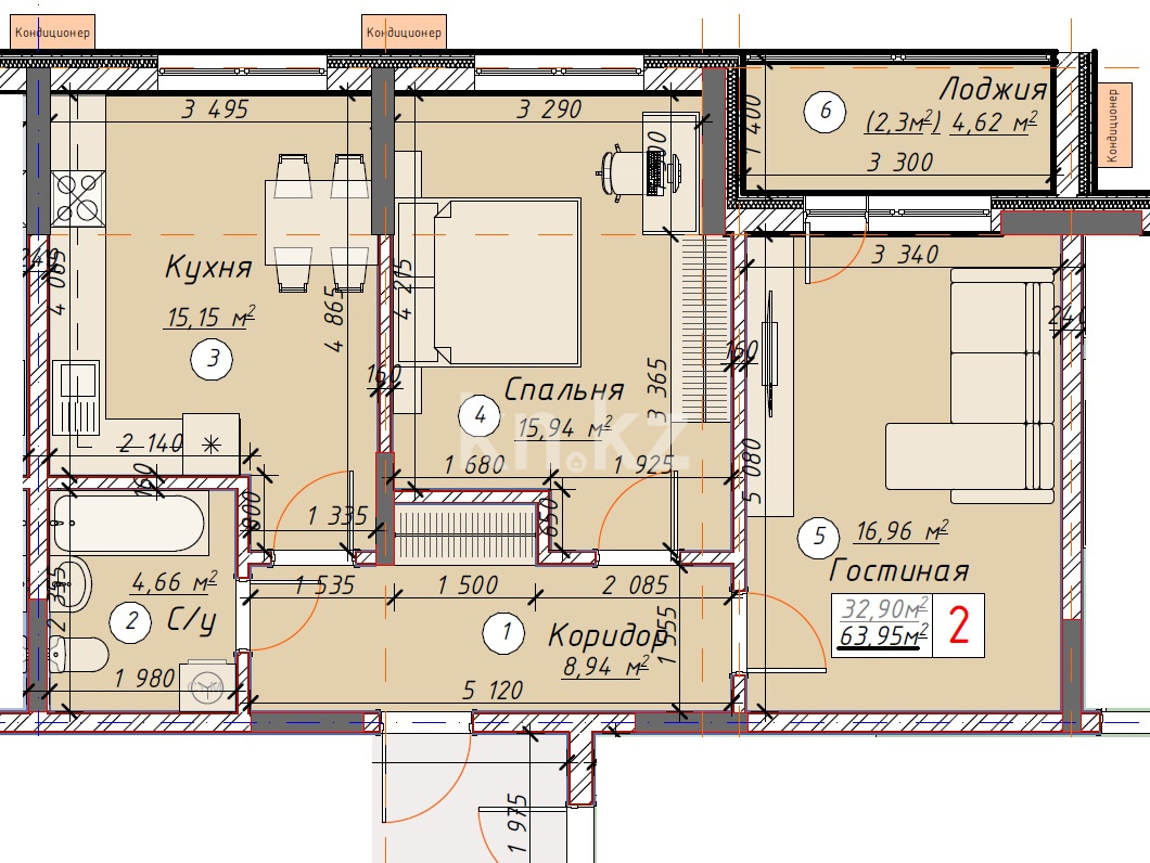 Продажа 2-комнатной квартиры, 63.95 м², ул. Айтматова, дом  57 - Продажа квартир в Астане фото 1 из 5