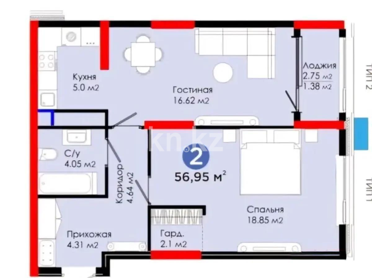 Продажа 2-комнатной квартиры, 56.95 м², ул. Сыганак, дом  52/1 - Продажа  двухкомнатных квартир в новостройках Астаны фото 1 из 1