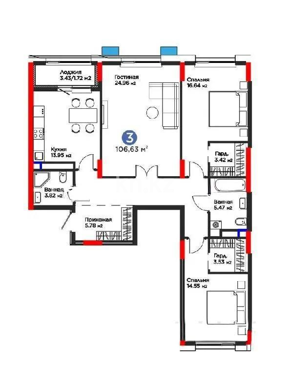 Продажа 3-комнатной квартиры, 106.63 м² в Астане