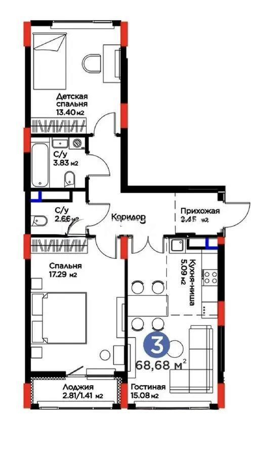 Продажа 3-комнатной квартиры, 68 м² в Астане