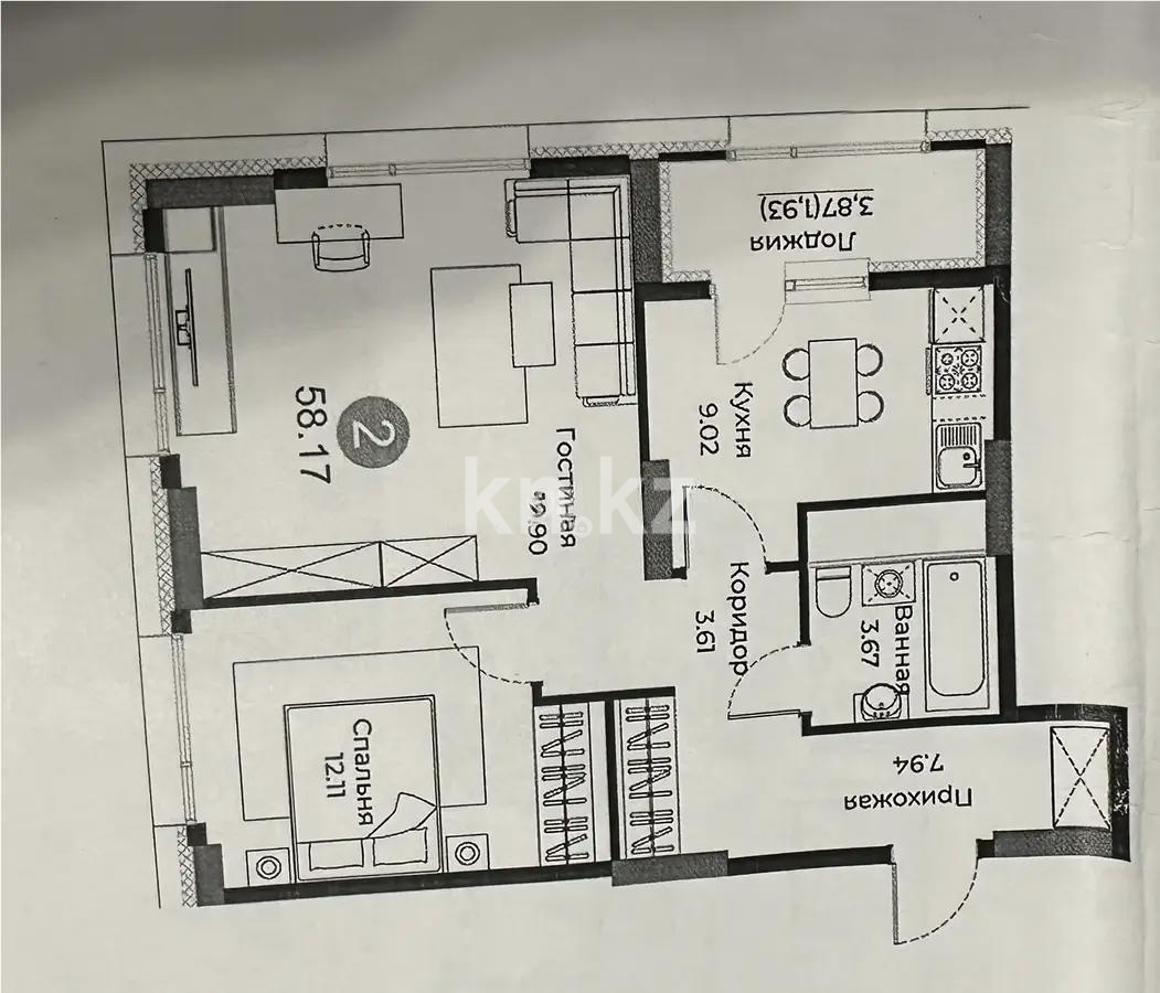 Продажа 2-комнатной квартиры, 59.1 м² в Астане