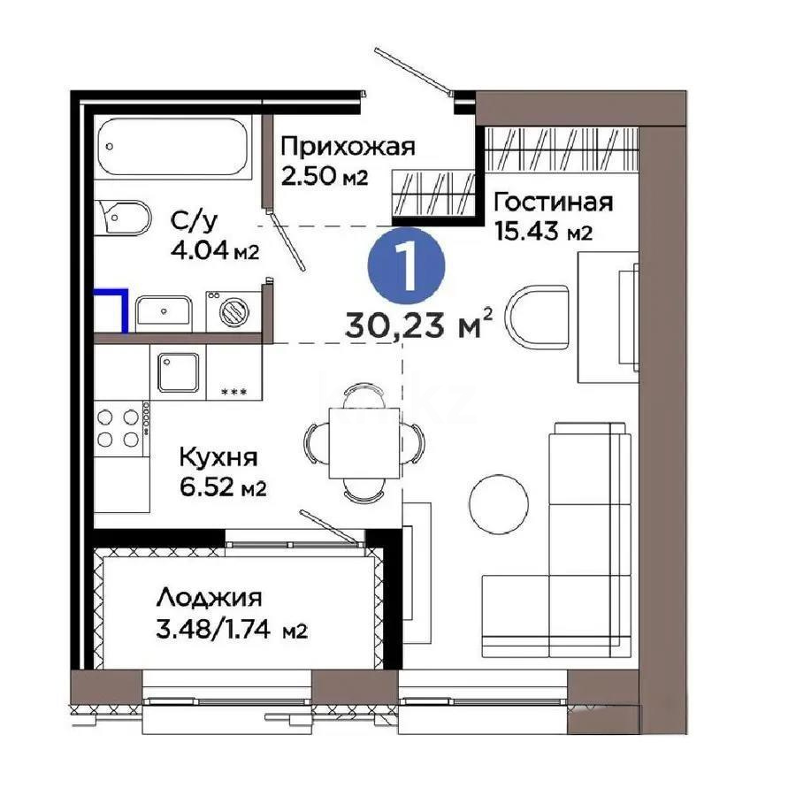 Продажа 1-комнатной квартиры, 30.23 м², пр. Улы Дала, дом  5 стр в Астане