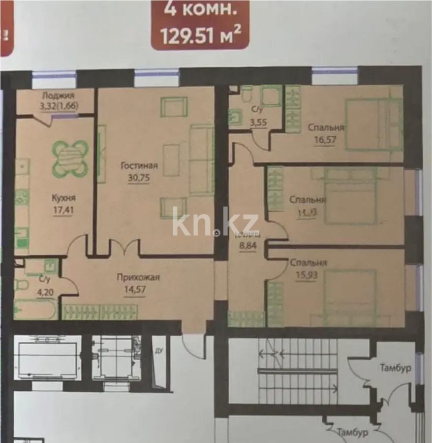 Продажа 4-комнатной квартиры, 129.51 м², пр. Тауелсыздык, дом  25/1 стр - Продажа  четырехкомнатных квартир в Астане без посредников с фото фото 1 из 1