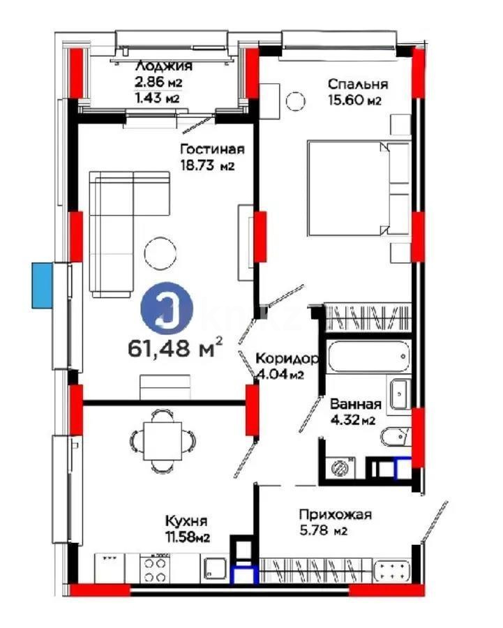 Продажа 2-комнатной квартиры, 61.48 м², ул. Е-321, дом  6/2 в Астане
