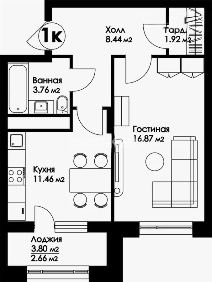 Продажа 1-комнатной квартиры, 45.11 м² в Астане